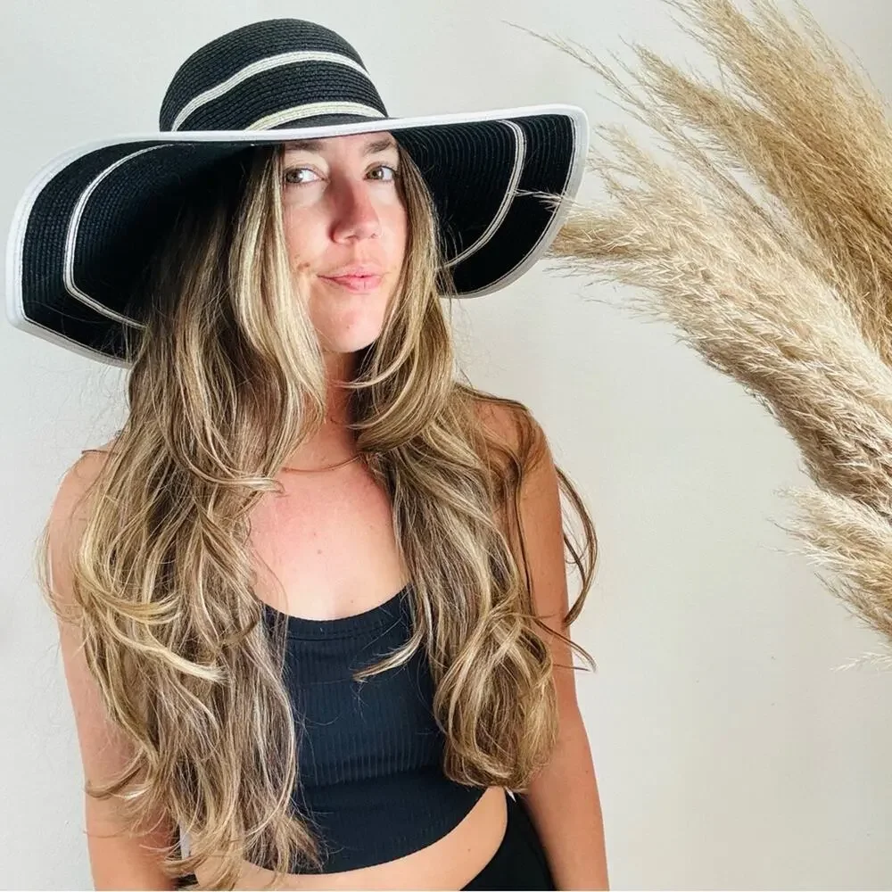 VINTAGE NORDSTROM Cream Tan Straw Wide Brim Floppy Black Stripe Wide Sun Hat - Picture 4 of 10